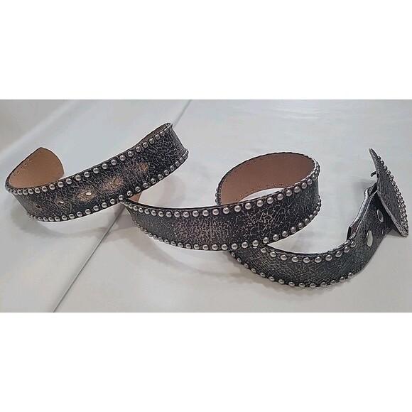 VTG Leatherock Studded Leather Belt Silver Geometric Buckle Black Distressed L36 main image 5